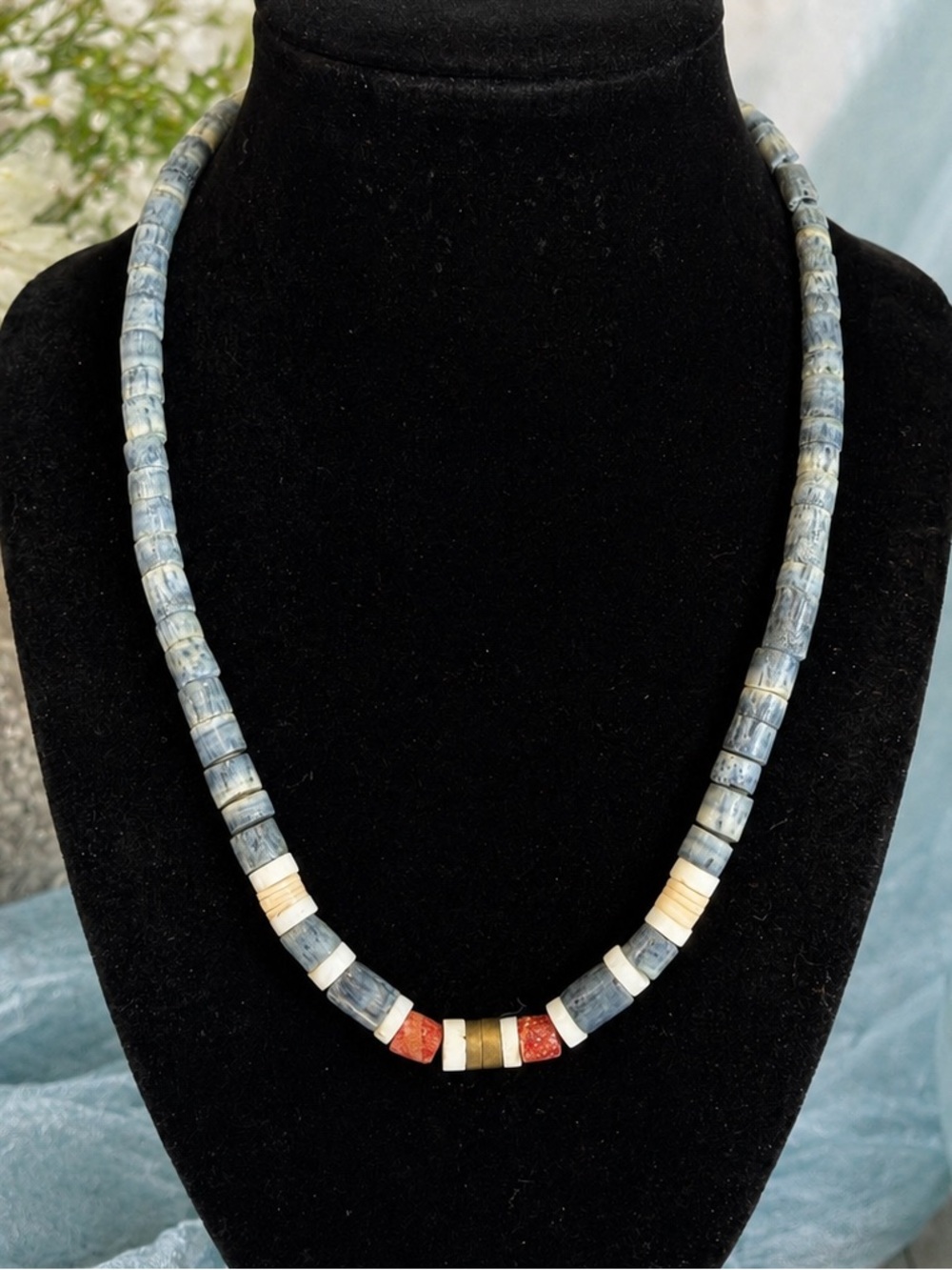 Vintage Blue Coral Necklace Red Coral Shell Heishi Brass Boho Statement